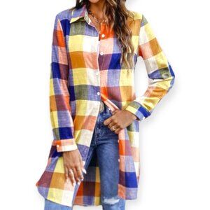 Multicolor Long Sleeve Button Down Plaid Cotton Long Tunic Shirt NEW